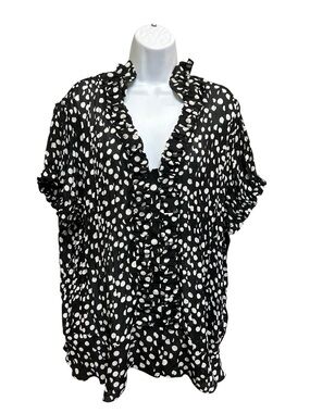 Sunny Leigh Crinkle Polka Dot Blouse Black White Sheer Ruffle Top Plus Size 2X